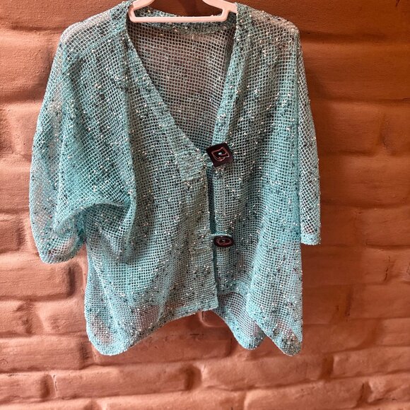 Jackets & Blazers - Hand crochet turquoise jacket w unique buttons XL NWOT